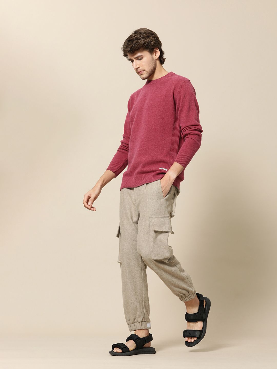 Mr Bowerbird Men Magenta Solid Round-Neck Pullover Sweater