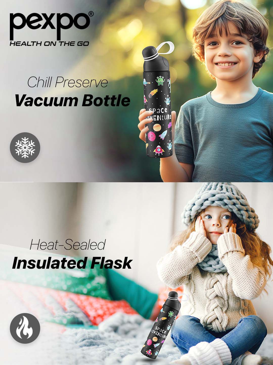 Pexpo Black Printed Stainless Steel Double Wall Vacuum Water Bottle 470ml