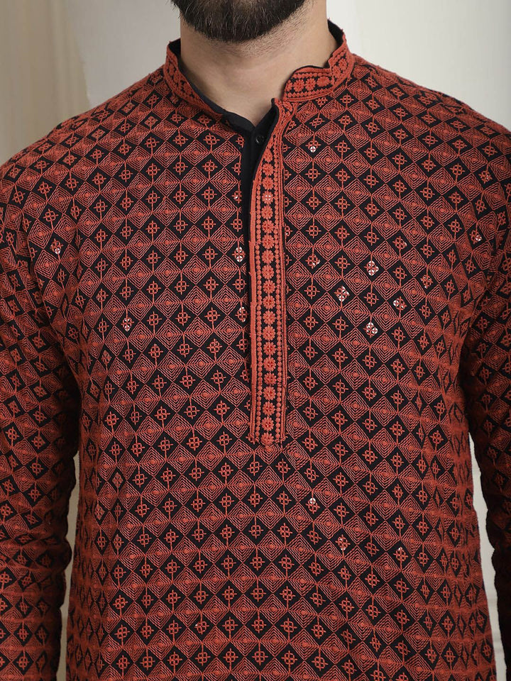 SOJANYA Kolar Mandarin Sulam Geometrik Lengan Panjang Kurta Lurus