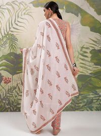 Vishudh Brown Floral Printed Keyhole Neck Pure Cotton A-Line Kurta With Trousers & Dupatta