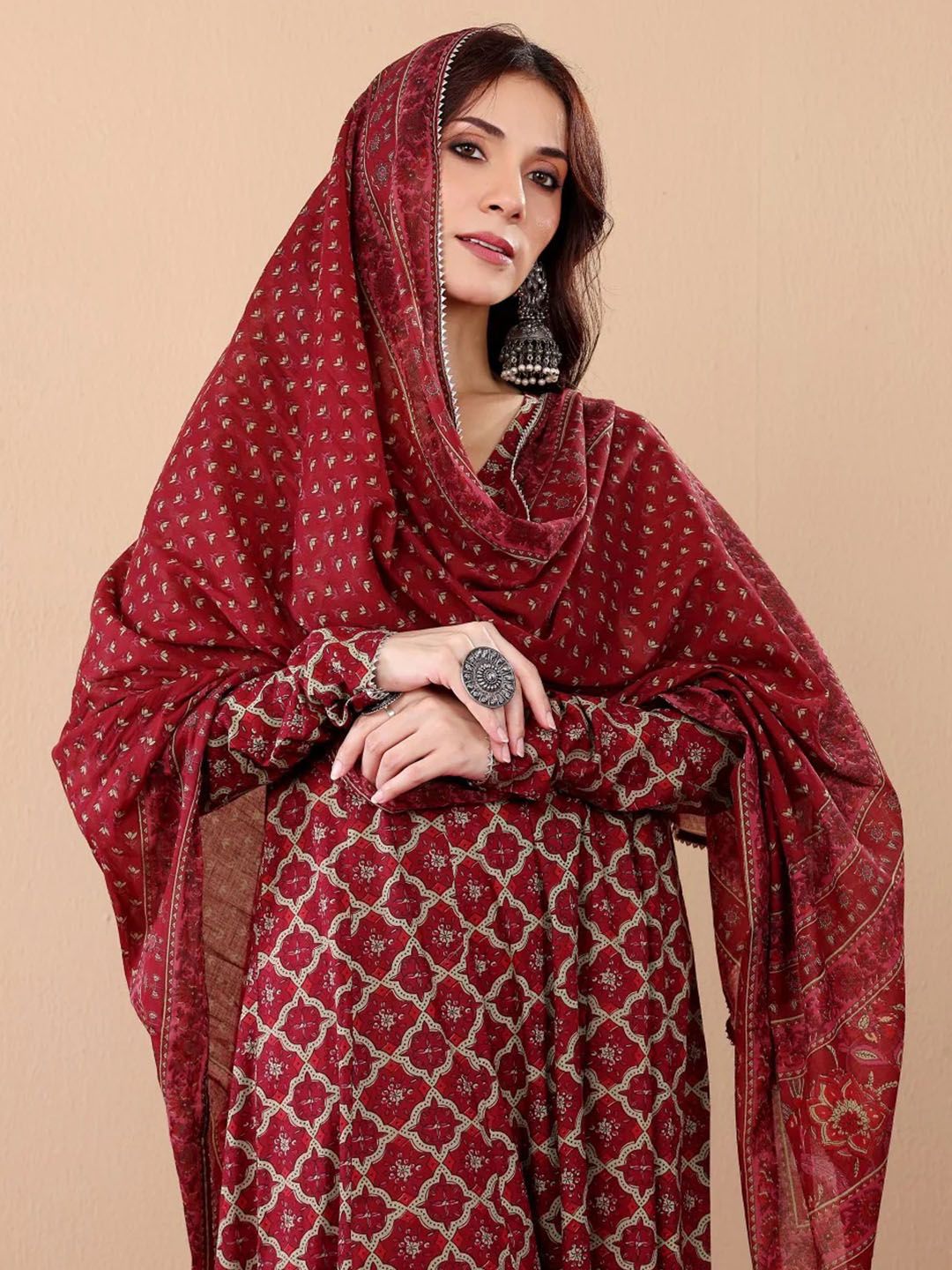 KALINI Ethnic Motifs Printed V-Neck Anarkali Kurta With Trousers And Dupatta