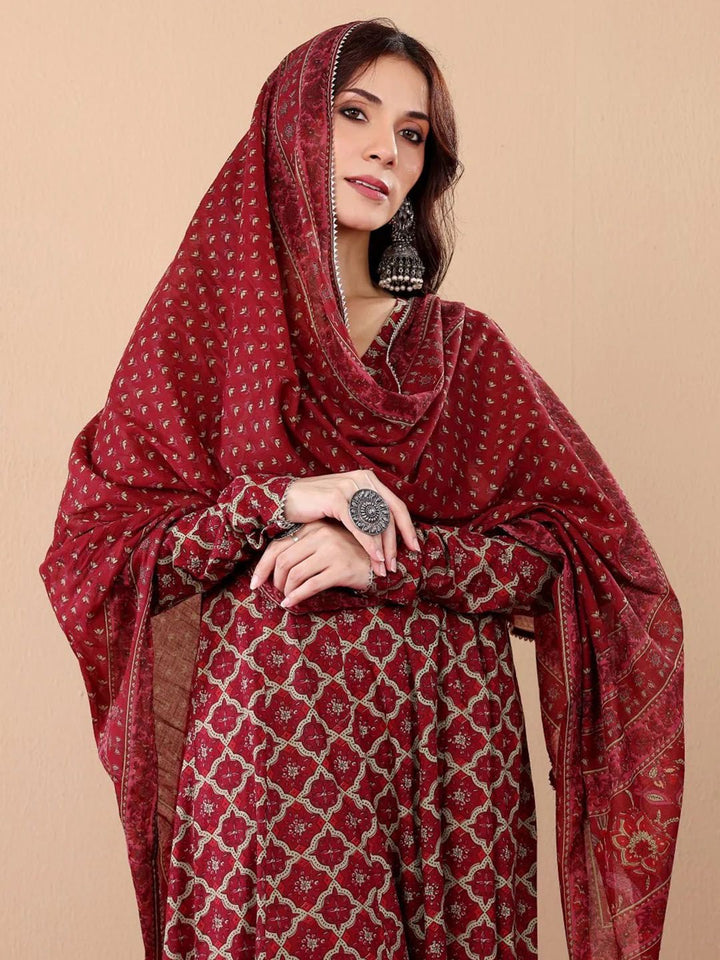 KALINI Ethnic Motifs Printed V-Neck Anarkali Kurta With Trousers And Dupatta