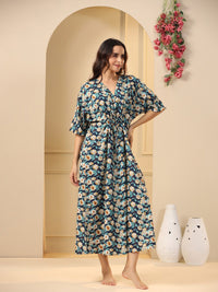 SANSKRUTIHOMES Navy Blue Floral Printed Pure Cotton Maxi Nightdress