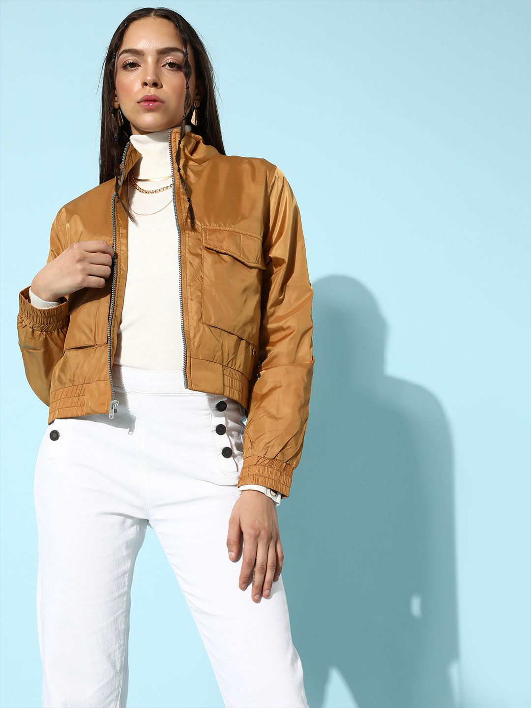 DressBerry Women Stylish Mustard Solid Bomber Jacket