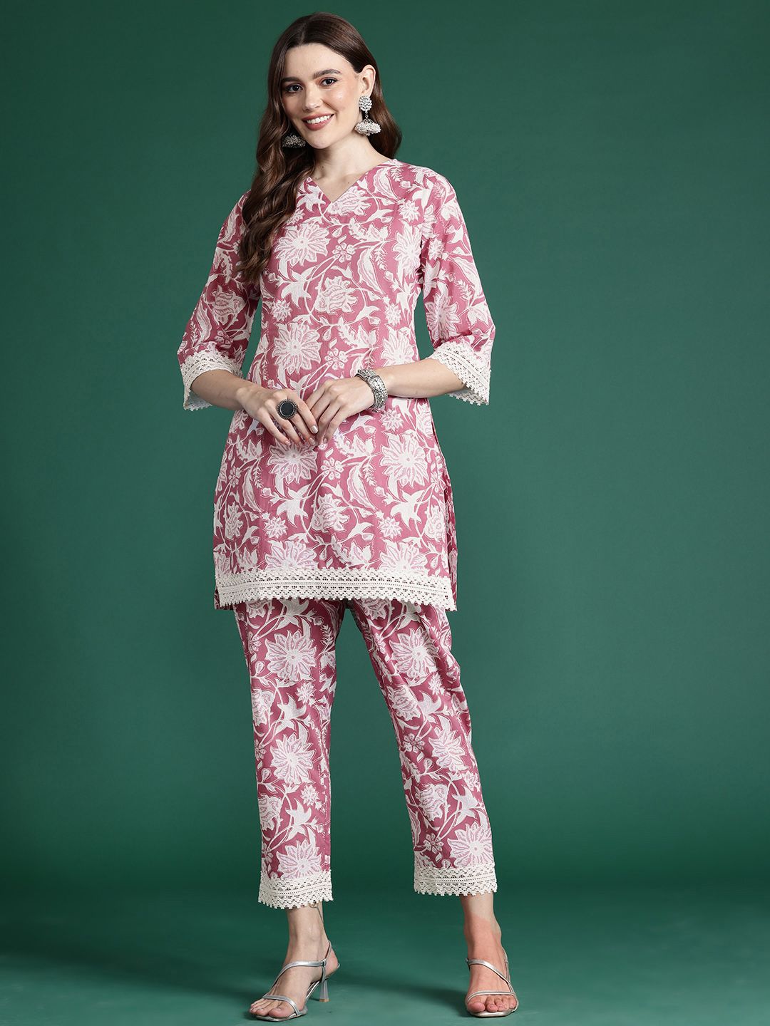 Indo Era Floral Printed Pure Cotton Tunic With Trousers