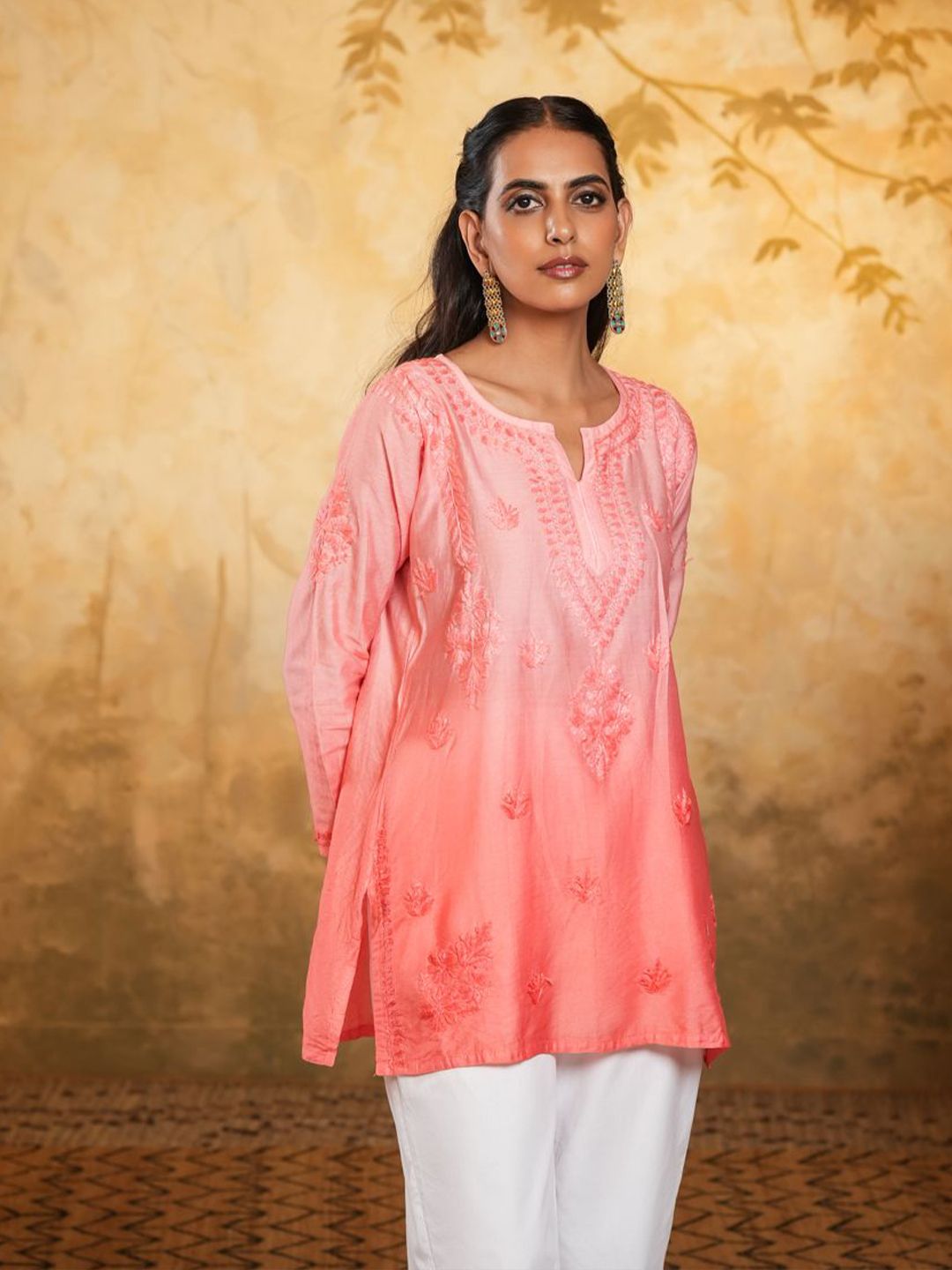 House of Chikankari Women Peach Chanderi Chikankari Embroidered Kurti