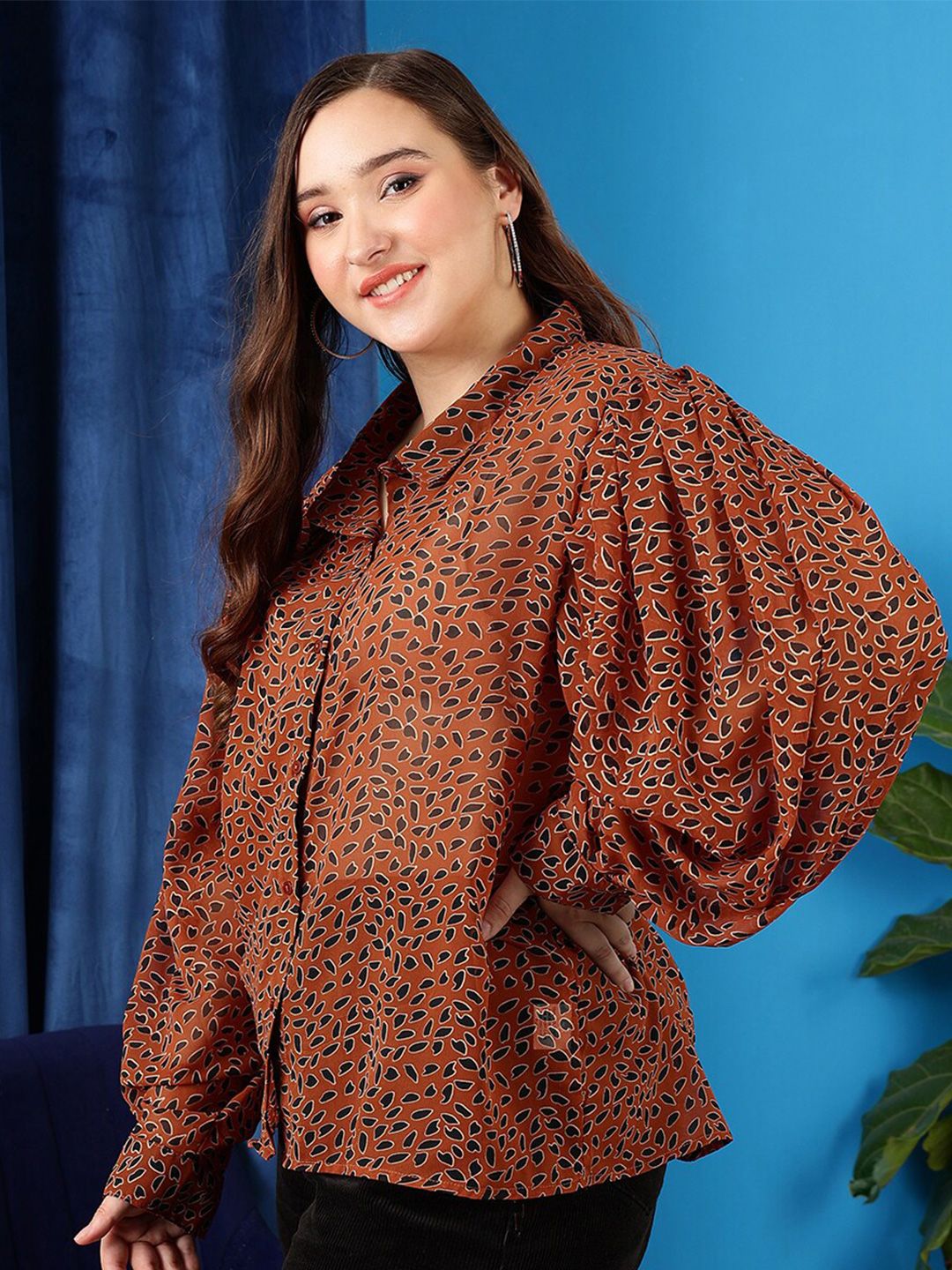 CURVY STREET Abstract Printed Puff Sleeves Oversized Shirt