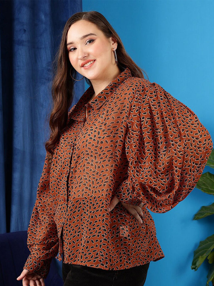 CURVY STREET Abstract Printed Puff Sleeves Oversized Shirt