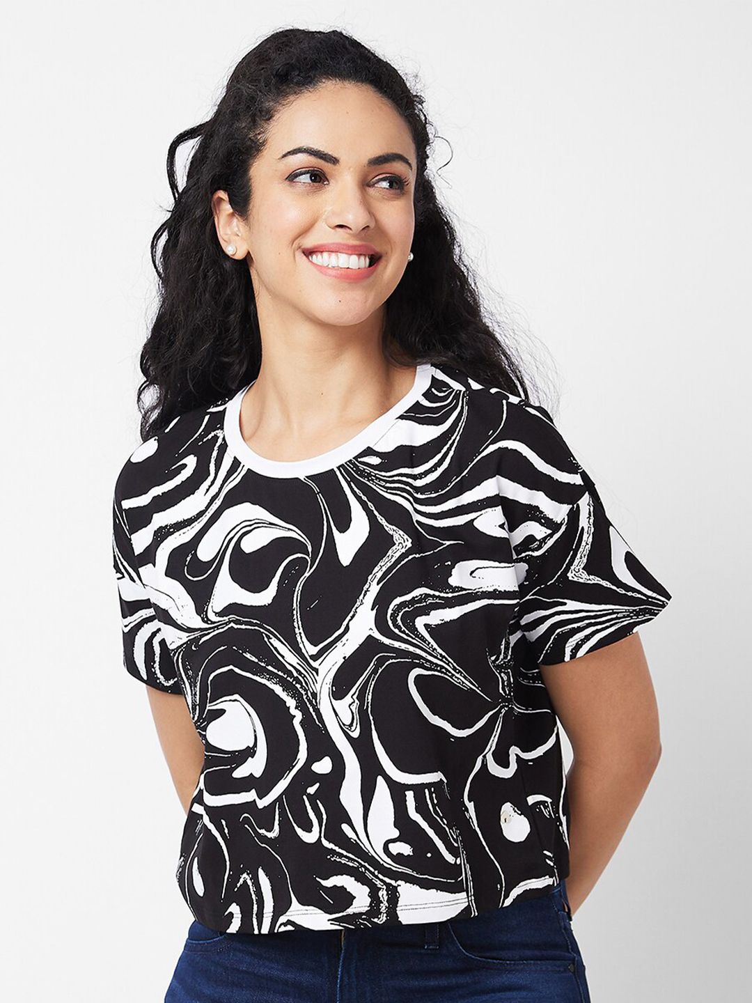 SPYKAR Abstract Printed Round Neck Half Sleeves Cotton Boxy T-shirt