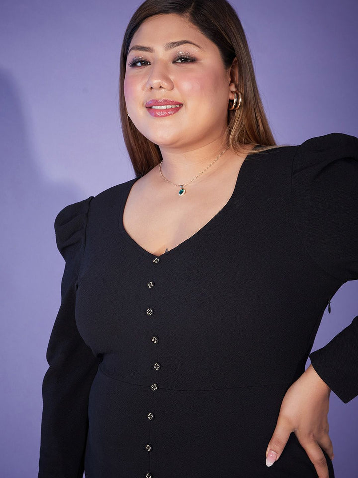 SASSAFRAS Curve Plus Size V-Neck Ruched Sleeves Sheath Dress