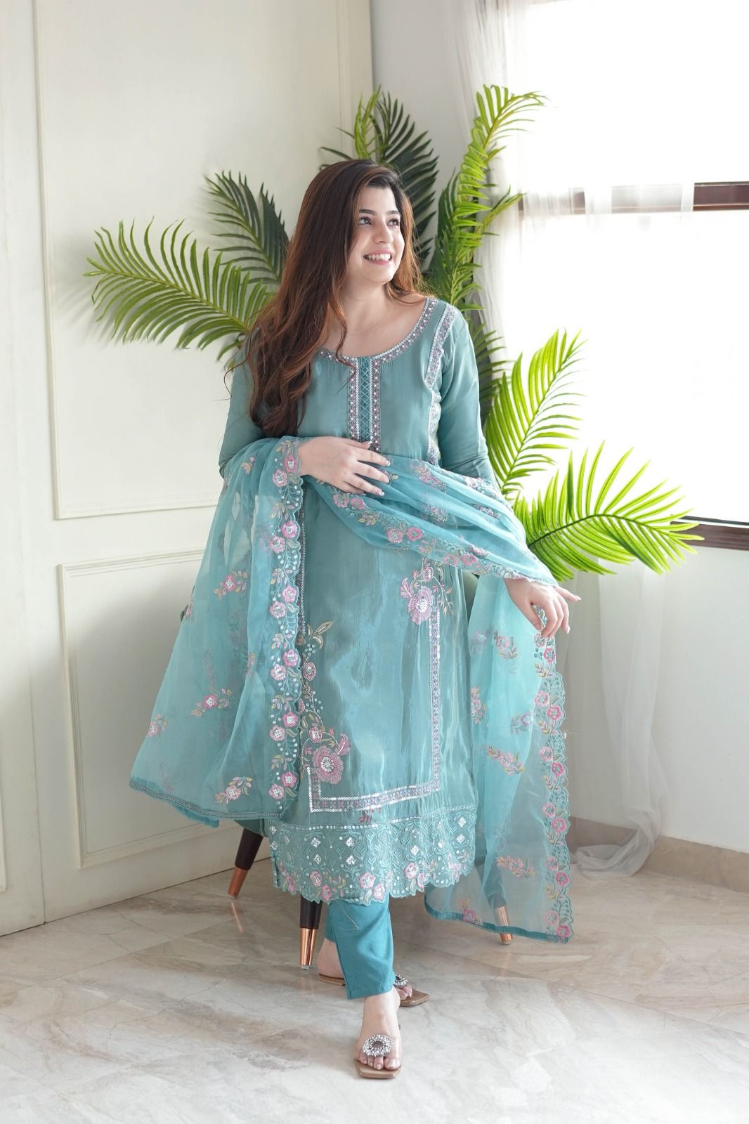 KALINI Floral Embroidered Sequinned Work Round Neck Straight Kurta With Trousers & Dupatta