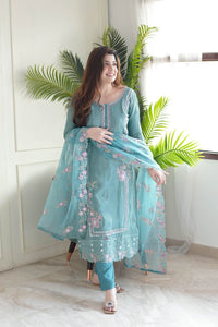KALINI Floral Embroidered Sequinned Work Round Neck Straight Kurta With Trousers & Dupatta