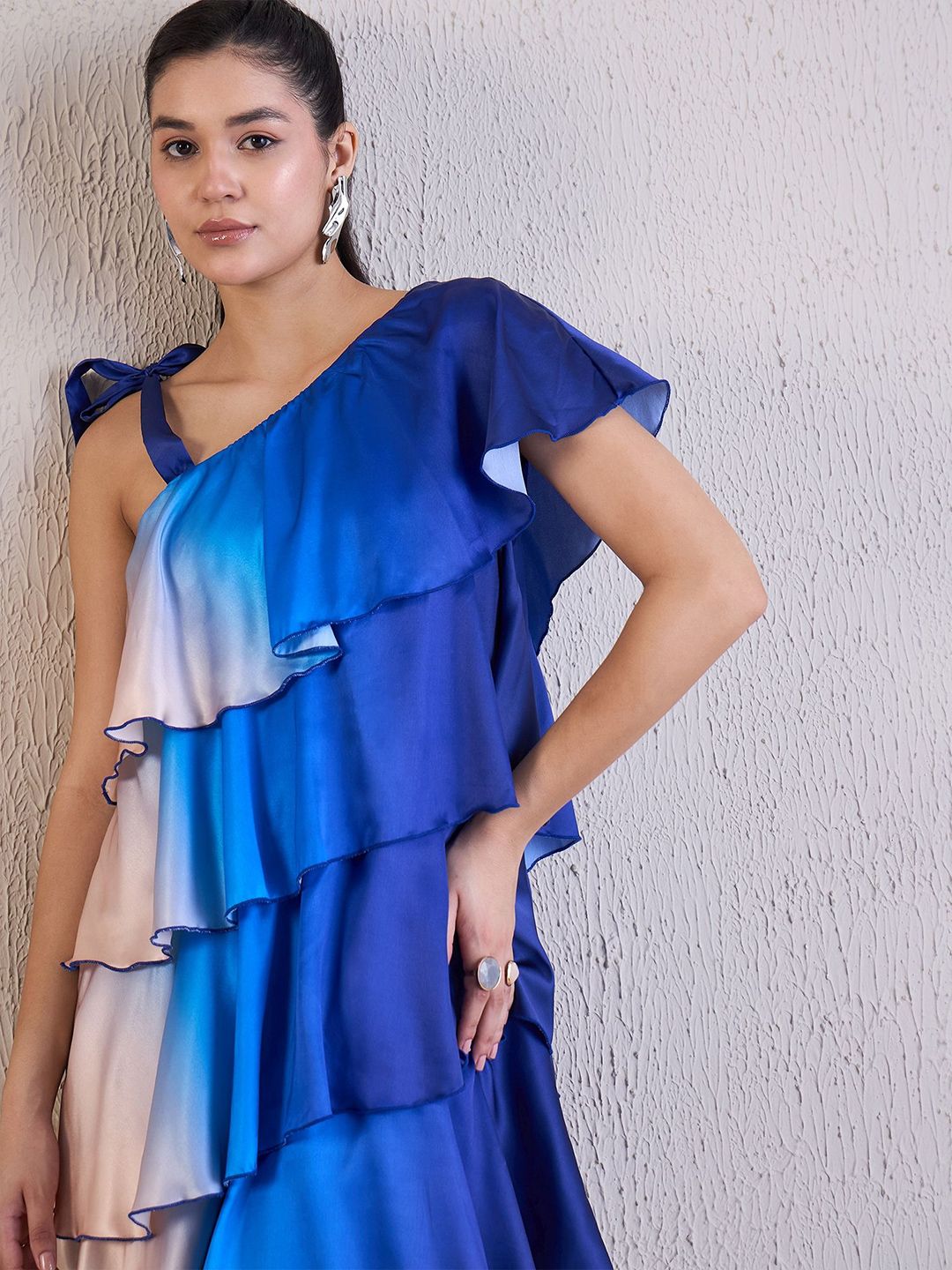 Antheaa Women Tie and Dye Dyed One Shoulder Layered Satin Above Knee A-Line Dress