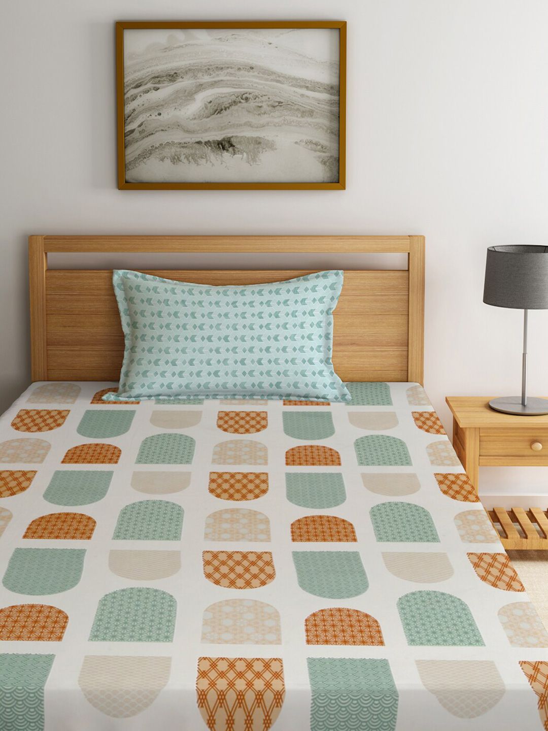 KLOTTHE Coklat Geometric Cotton 300 TC Single Cadar Halus dengan Sarung Bantal-87 x 59 inci
