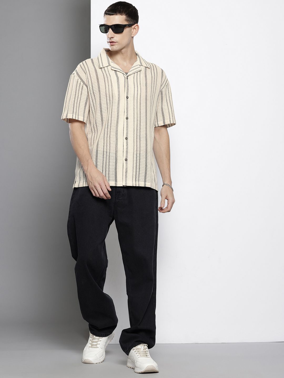 The Indian Garage Co Men Textured Open Weave Knitted Relaxed Fit Shirt