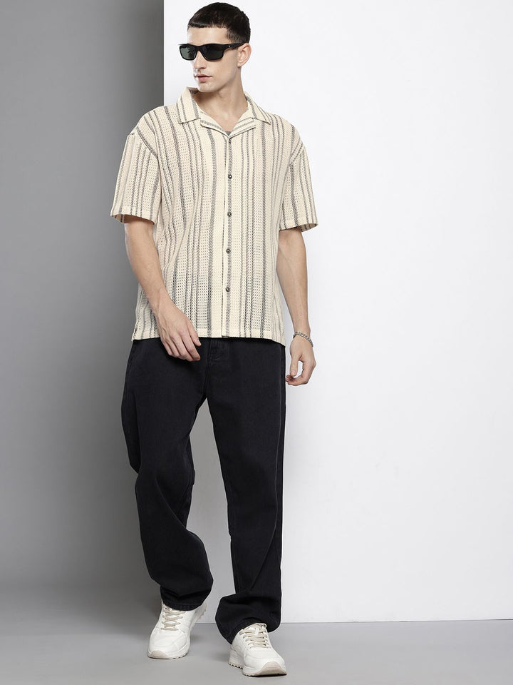 The Indian Garage Co Men Textured Open Weave Knitted Relaxed Fit Shirt