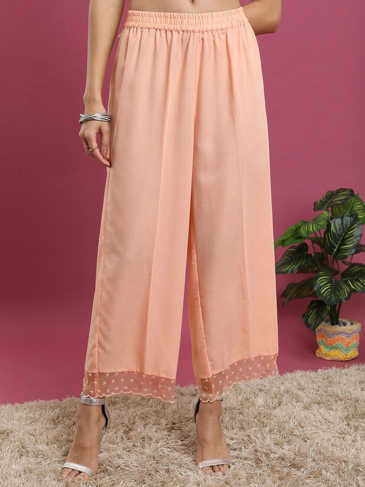 Vishudh Peach-Coloured Ethnic Motifs Yoke Design Thread Work Kurta With Palazzos & Dupatta