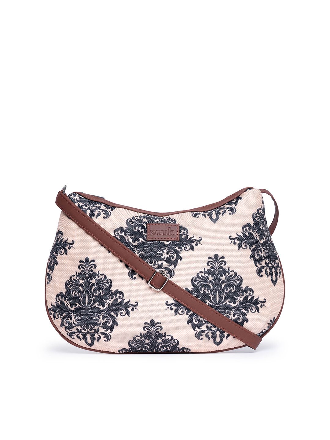 ZOUK Peach-Coloured & Black Ethnic Motifs Printed Sling Bag