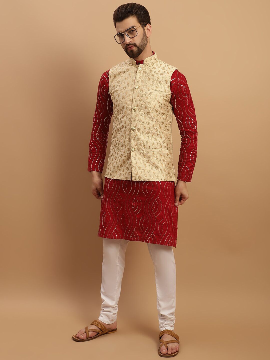 SOJANYA Embroidered Sequinned Pure Cotton Kurta with Churidar & Embroidered Nehru Jacket