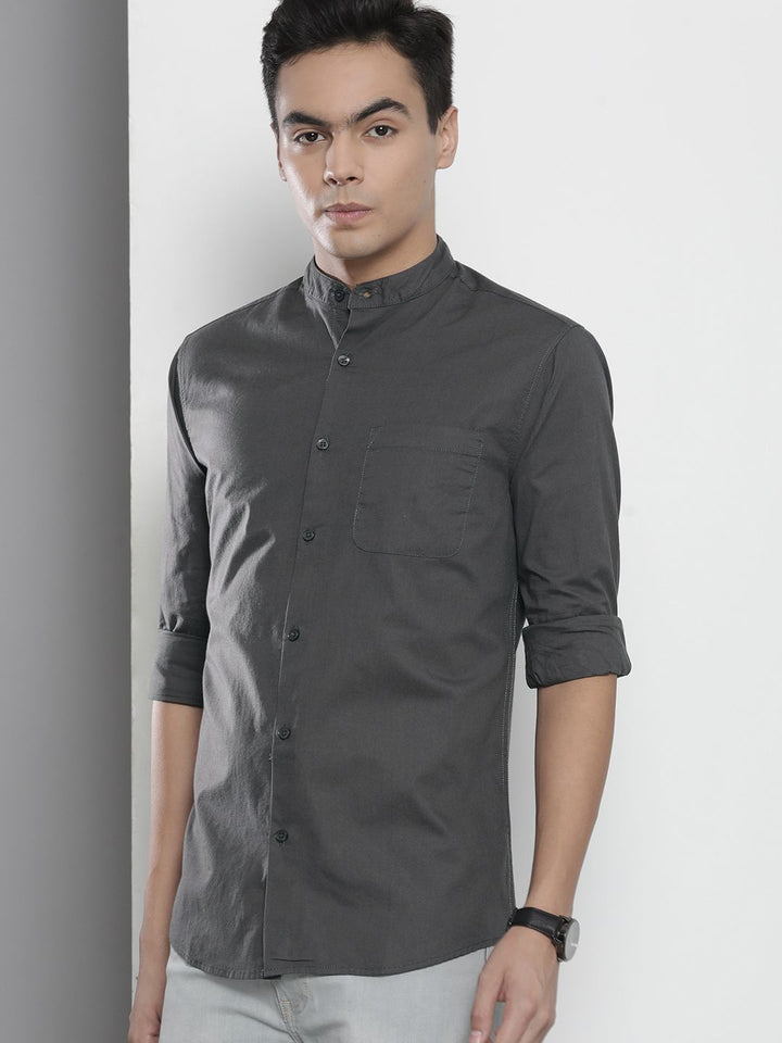 The Indian Garage Co Men Grey Mandarin Collar Casual Shirt