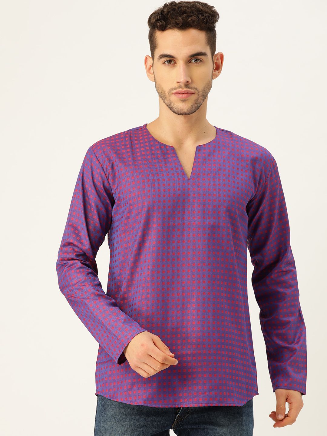 SOJANYA Men Purple & Red Woven Design Straight Short Kurta