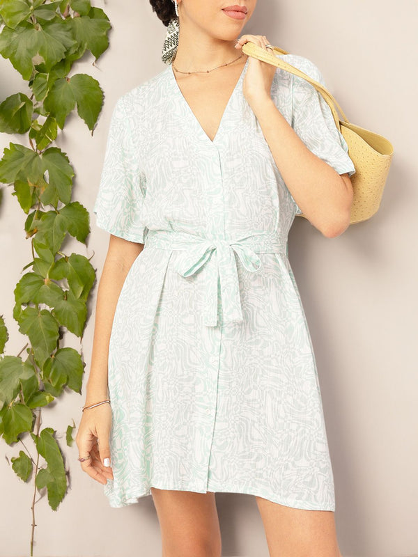 DressBerry Pastel Abstract A-Line Mini Dress with Belt