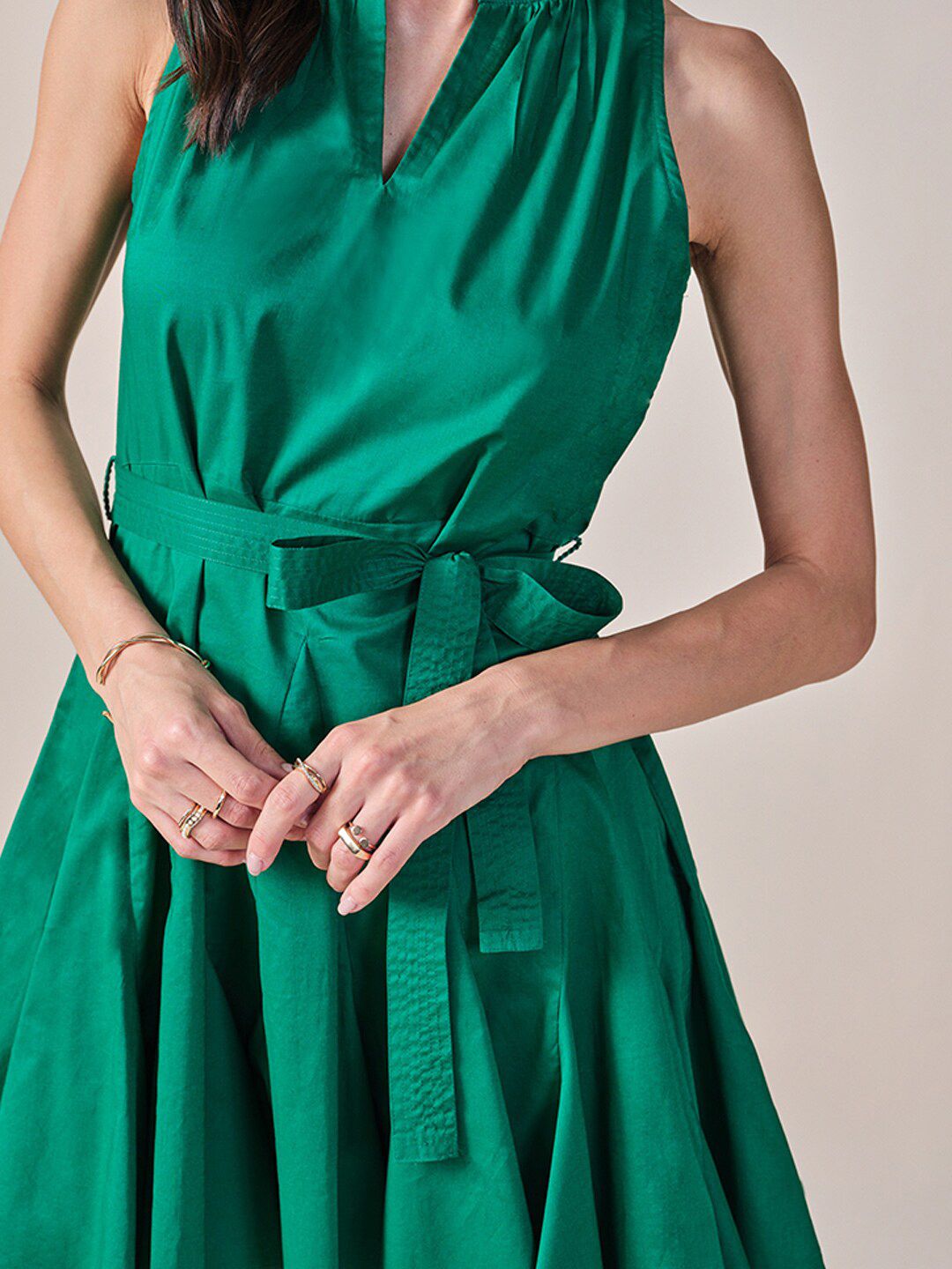AND Mandarin Collar Sleeveless Belted Cotton Fit & Flare Dress