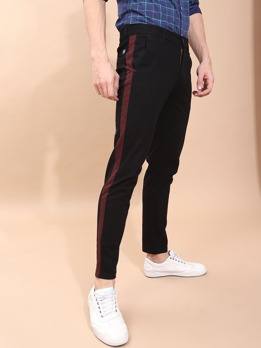 The Indian Garage Co Men Black Slim Fit Solid Chinos With Side Strip Detail