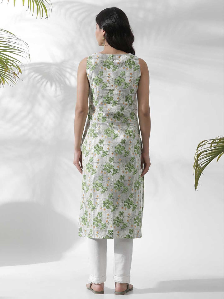 W Floral Printed Thread Work Pure Cotton Straight Kurta