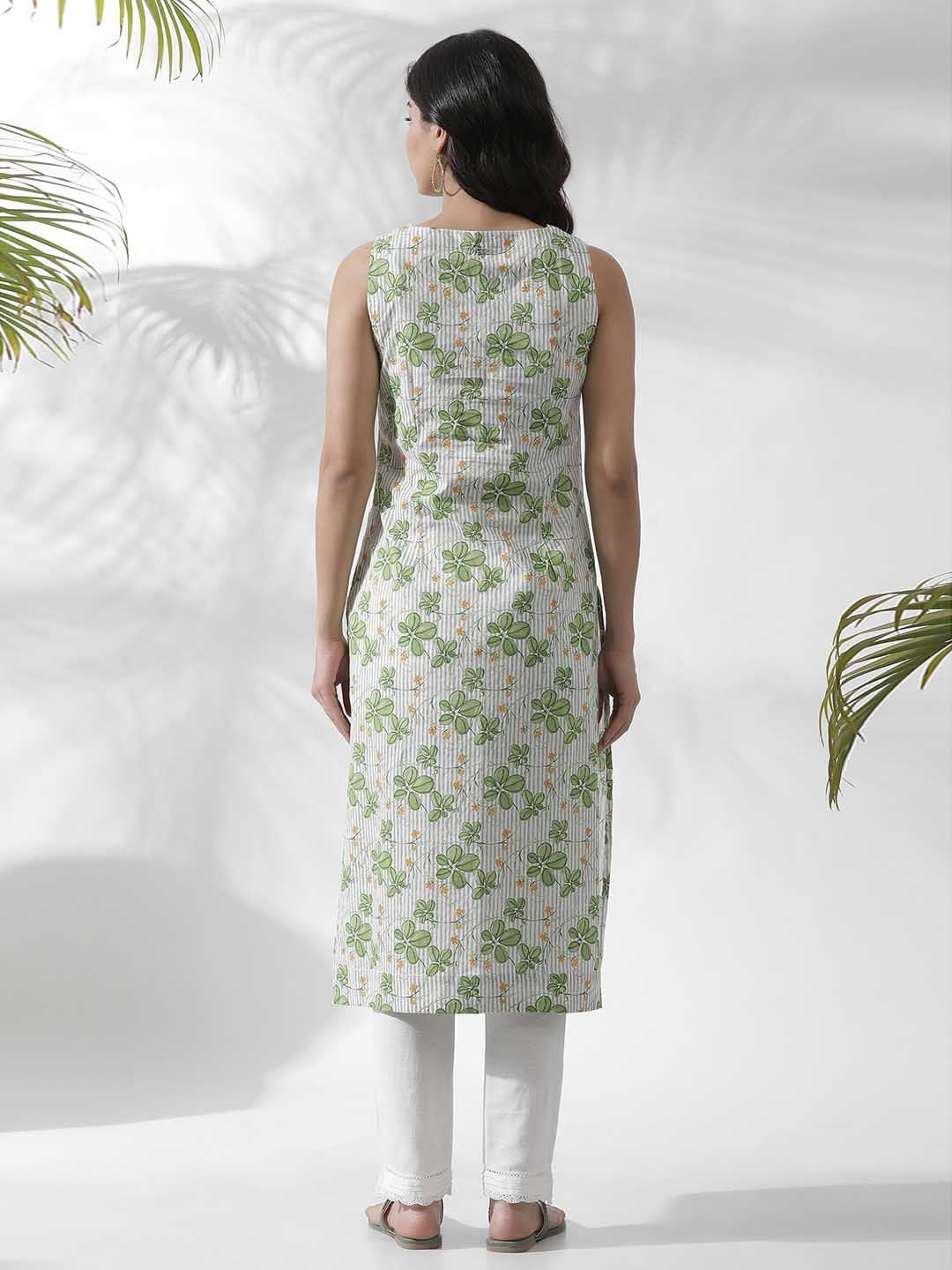 W Floral Printed Thread Work Pure Cotton Straight Kurta