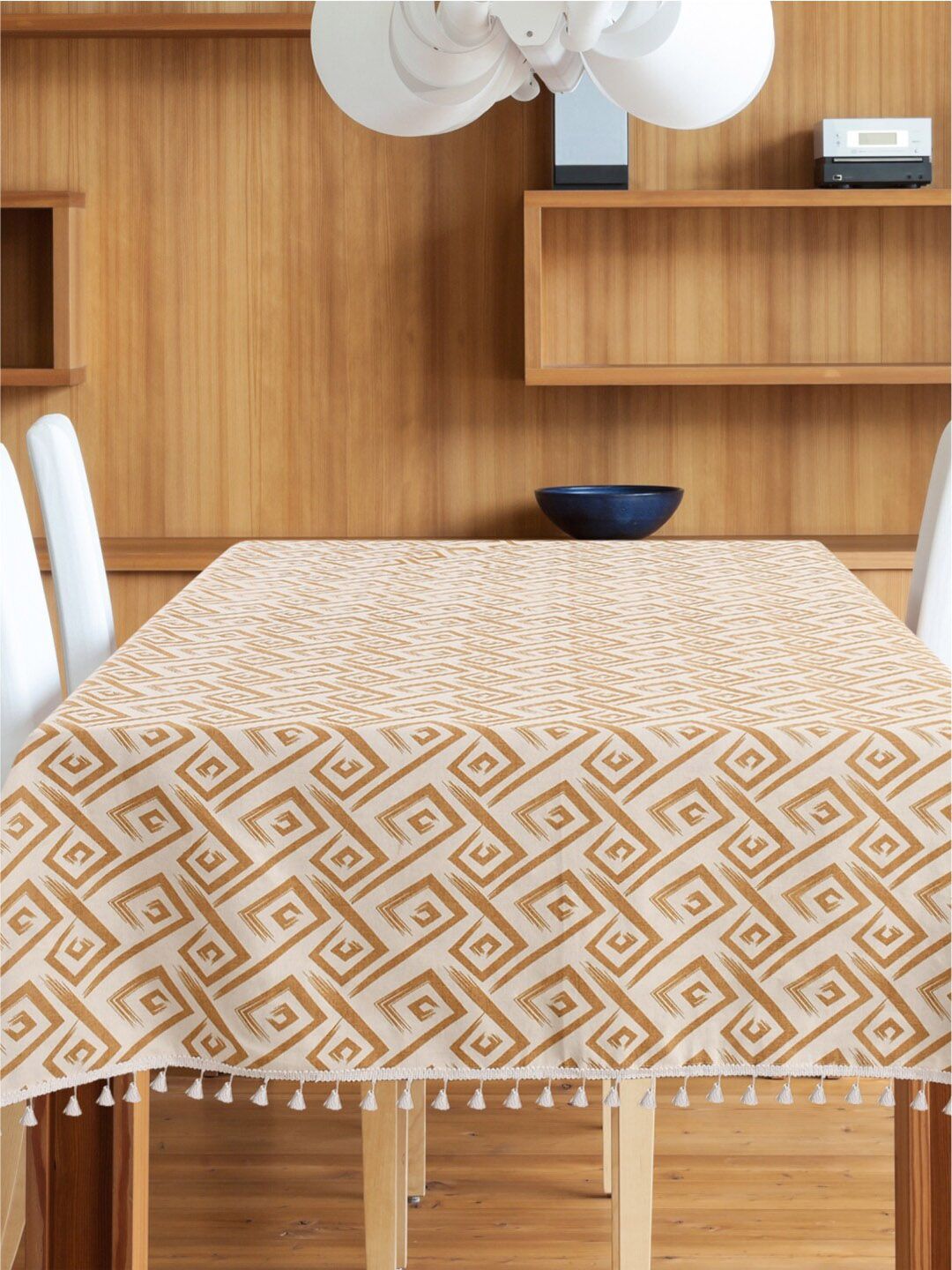 URBAN SPACE Taupe & White Printed Pure Cotton 4-Seater Table Cover