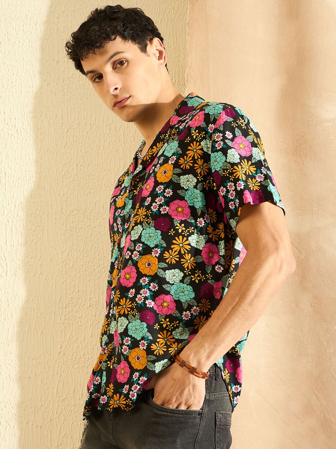 DENNISON Smart Oversized Floral Printed Cuban Collar Casual Shirt