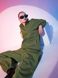 Street 9 Olive Green Mock Collar Fleece Sweatshirt