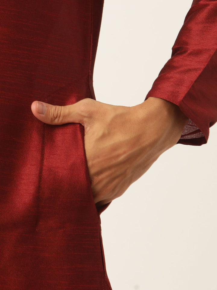 SOJANYA Men Maroon & Olive Green Solid Kurta with Churidar & Nehru Jacket