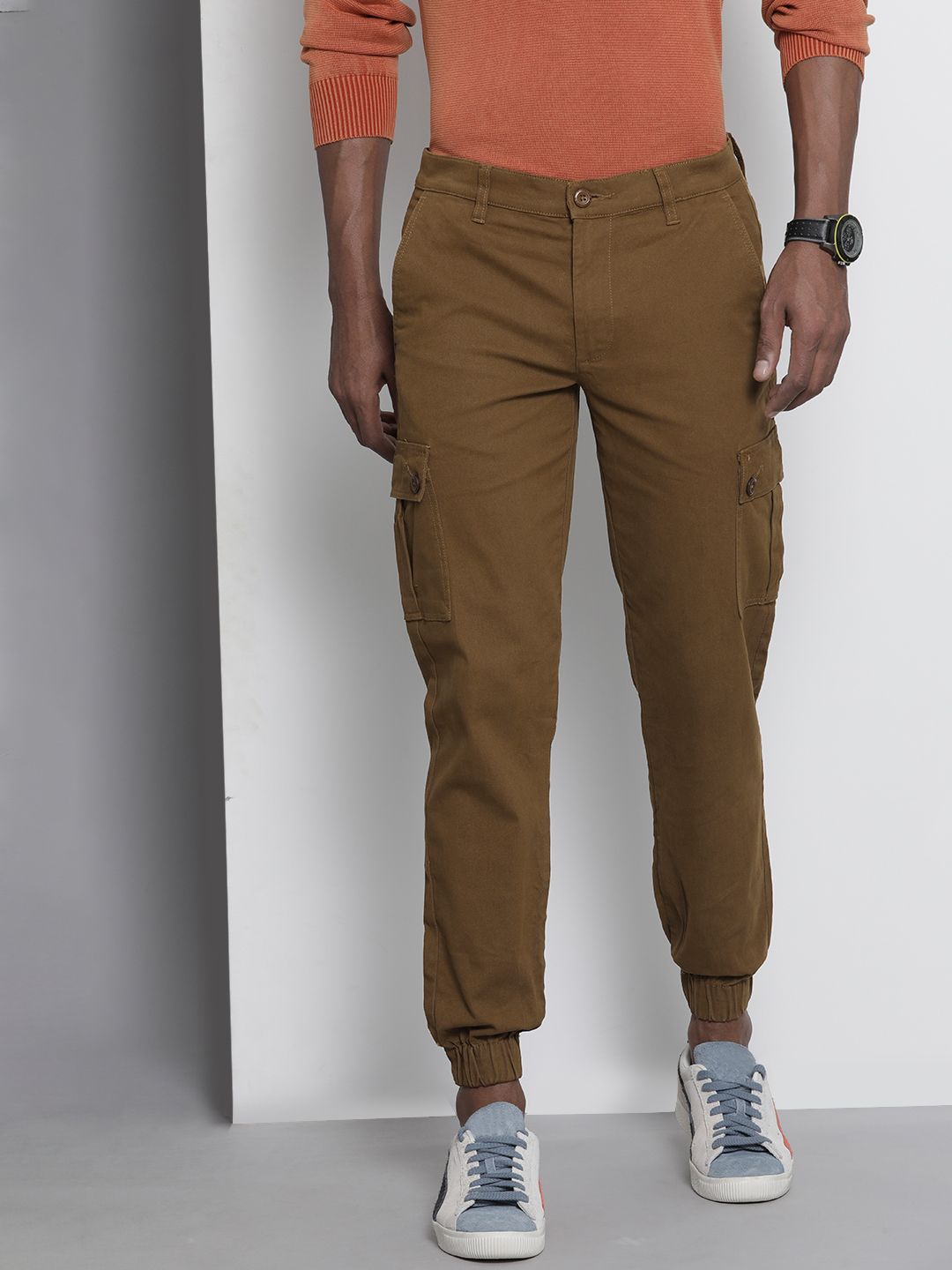 The Indian Garage Co Men Tan Slim Fit Joggers Trousers