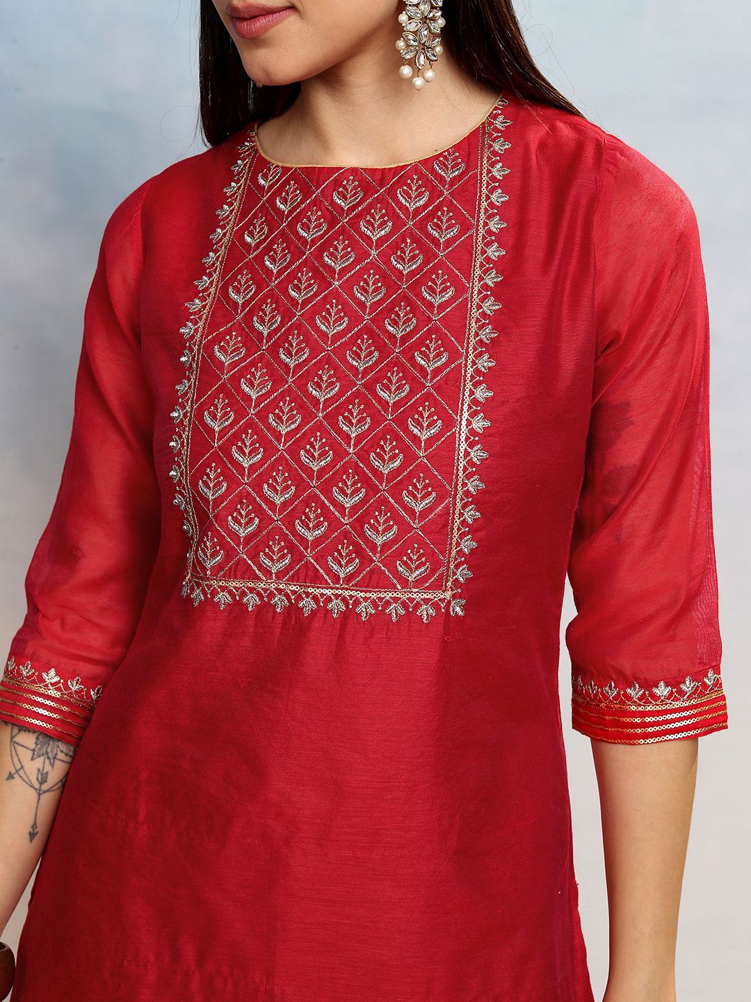 Vishudh Women Ethnic Motifs Embroidered Regular Thread Work Kurta with Palazzos