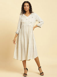 W Checked Round Neck A-Line Midi Dress