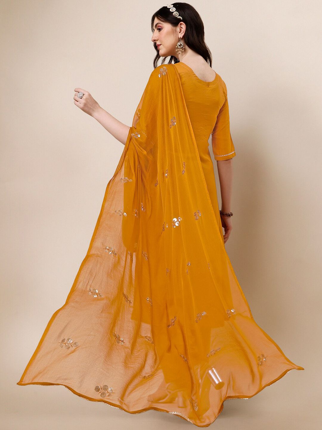 KALINI Ethnic Motifs Embroidered Sequinned A-Line Kurta With Palazzos & Dupatta