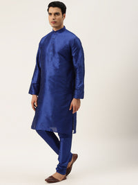 SOJANYA Men Blue & Yellow Solid Kurta with Churidar & Printed Jacket