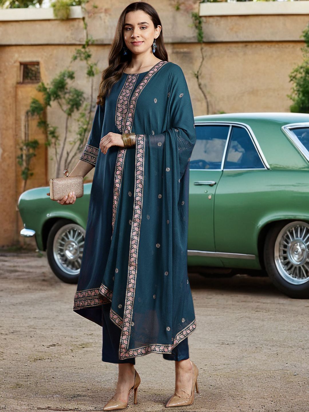 Anouk Ethnic Motifs Printed Straight Kurta Set With Dupatta