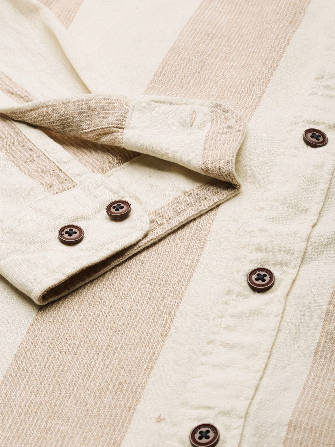 Mr Bowerbird Men Brown & Off White Tailored Fit Striped Cotton Linen Casual Shirt