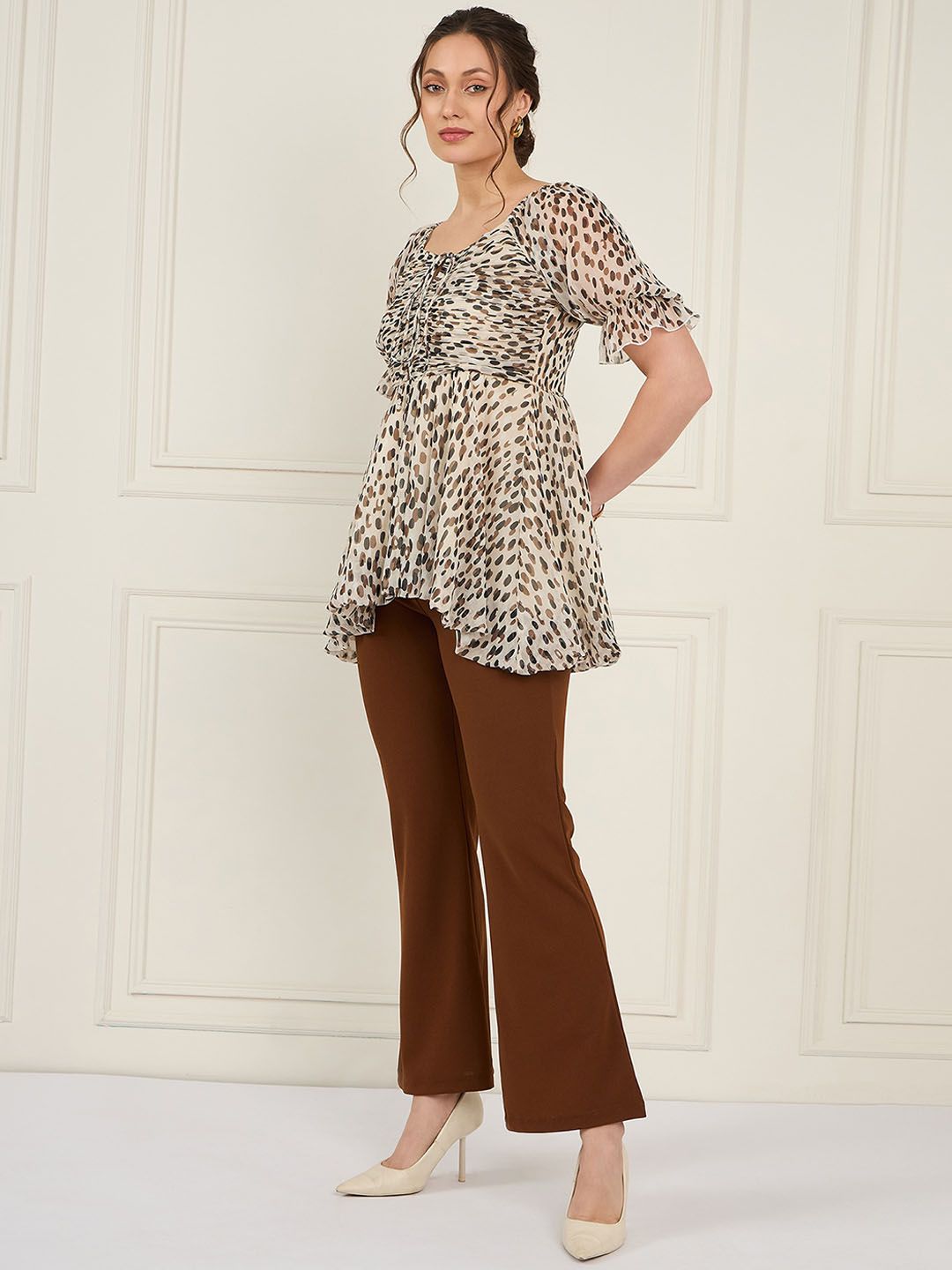 Antheaa Off White Polka Dots Printed Puff Sleeves Tie Up Top &Trouser