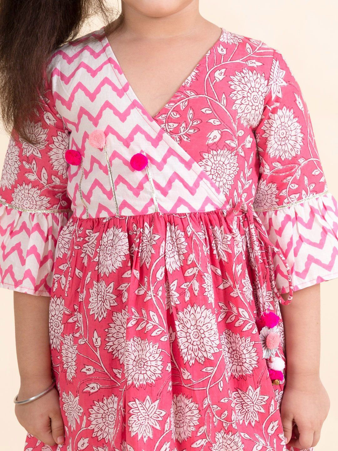 pspeaches Girls Pink Floral Striped Pure Cotton Kurti with Patiala