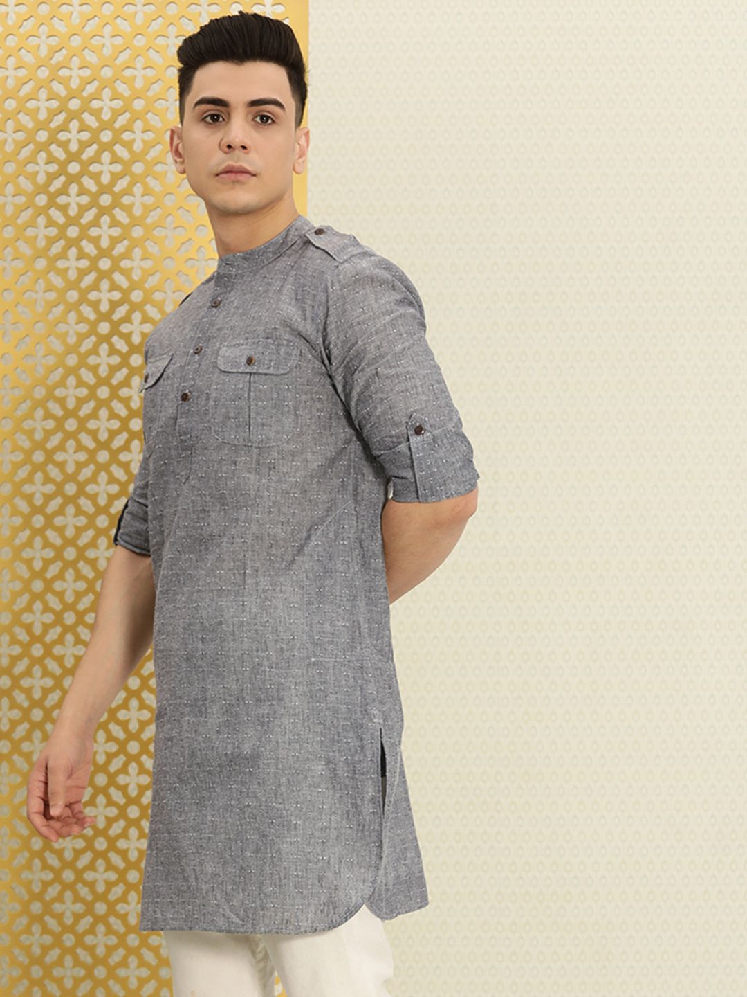 House of Pataudi Men Grey Solid Roll Up Sleeved Pathani Kurta