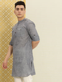 House of Pataudi Men Grey Solid Roll Up Sleeved Pathani Kurta