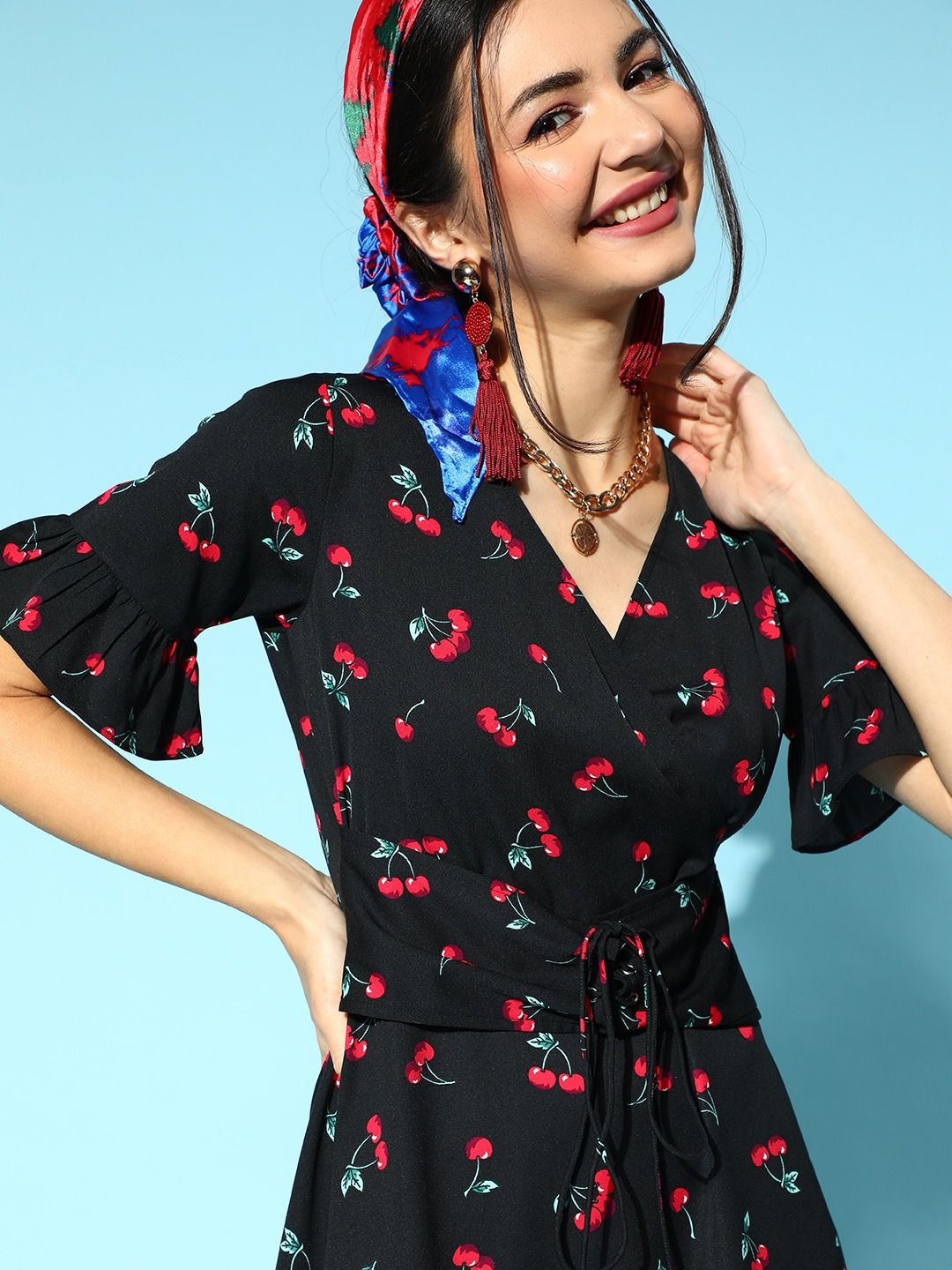 Berrylush Black & Red Printed Crepe Wrap Dress