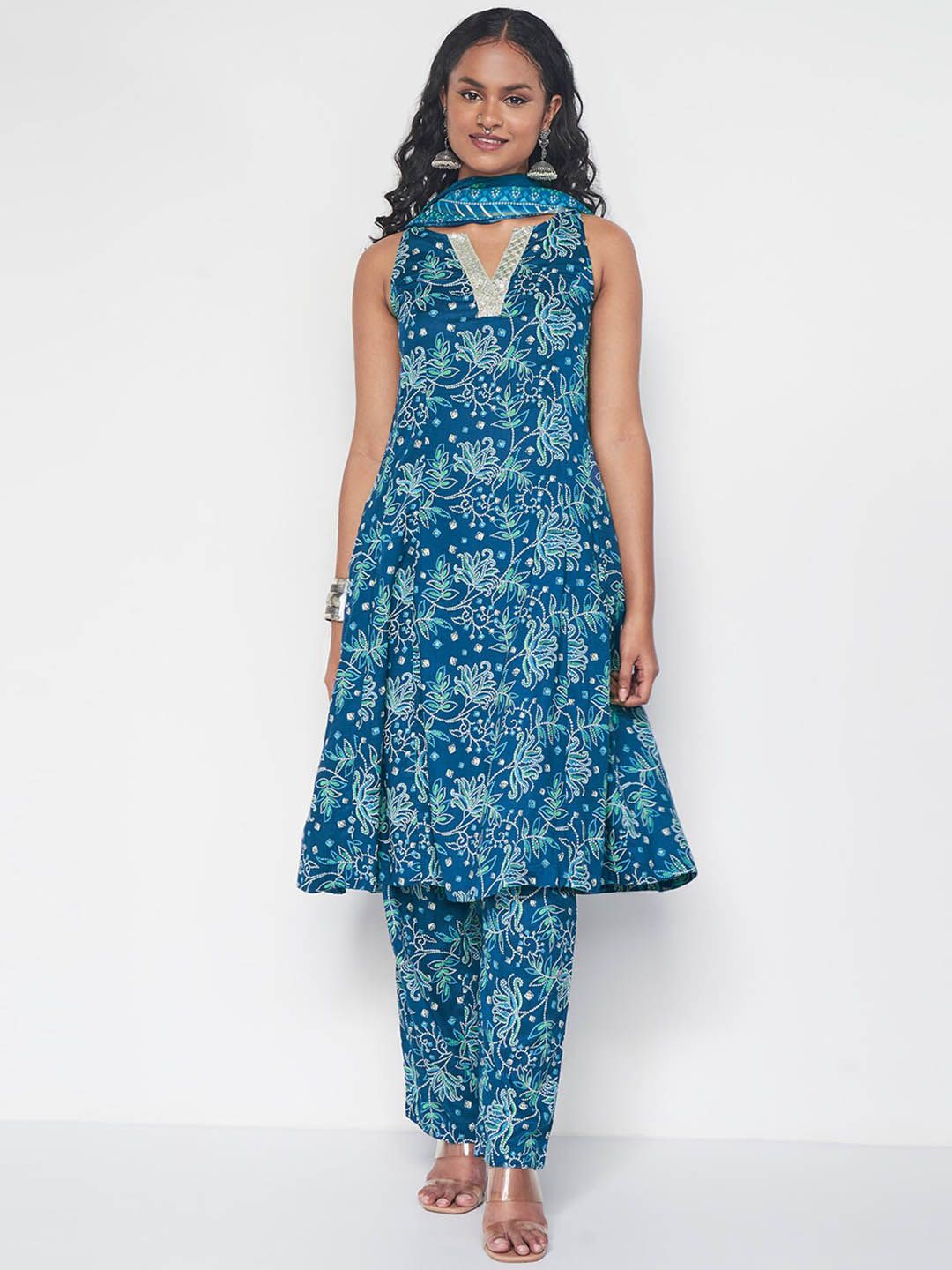 Global Desi V-Neck Floral Printed A-Line Kurta with Trouser & Dupatta