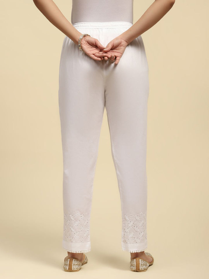 House of Chikankari Women White Cotton Chikankari Embroidered Pant