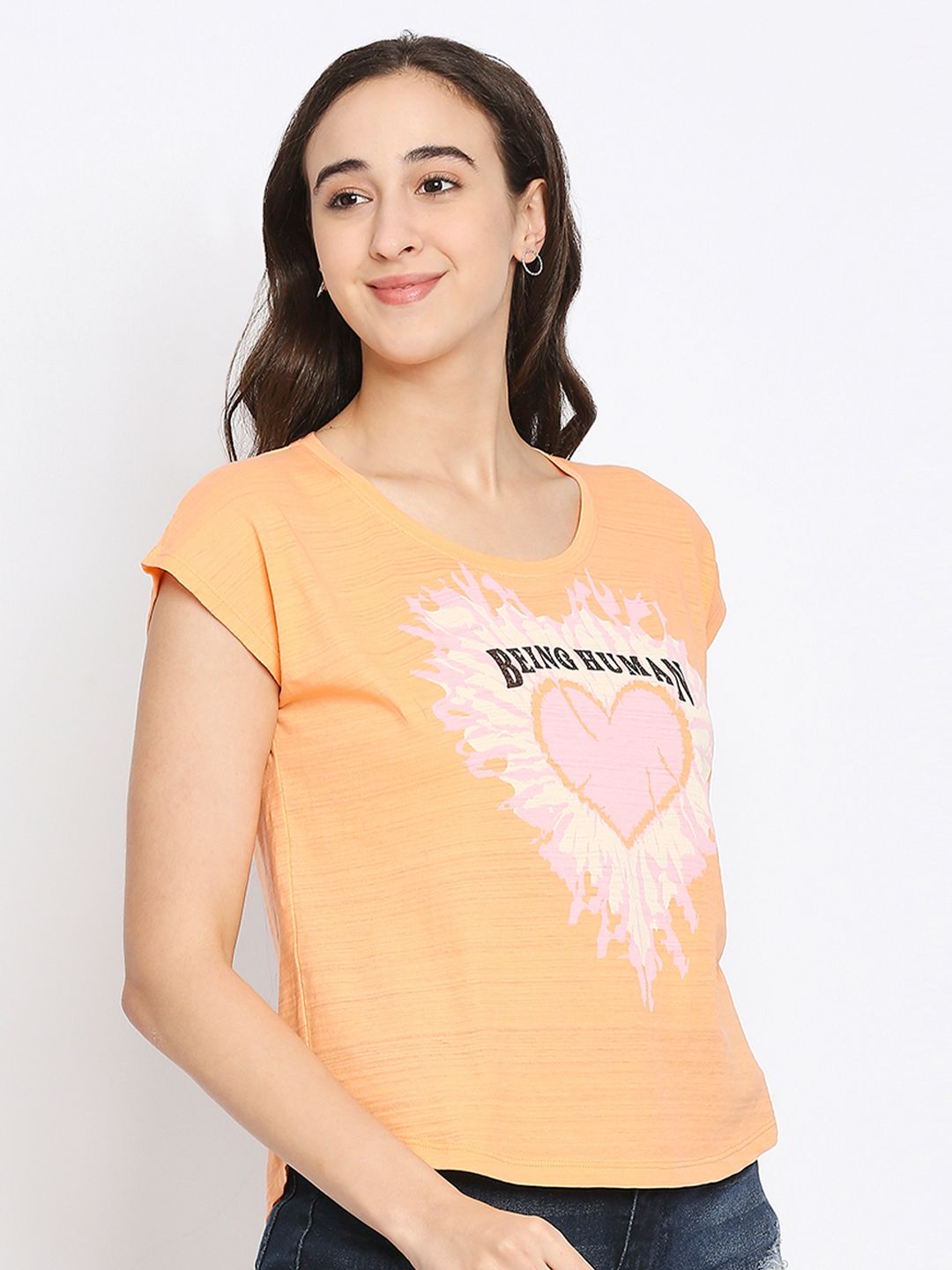 Being Human Women Orange Printed Extended Sleeves Cotton T-shirt