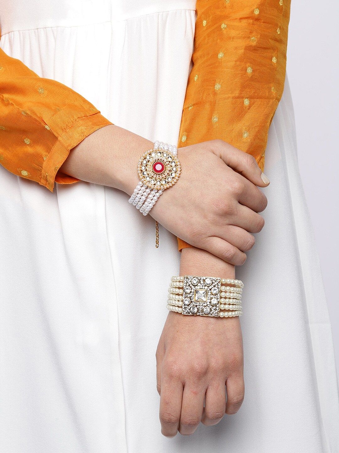 Set Mutiara Zaveri 2 Gelang Koleksi Perkahwinan Mutiara Saduran Emas &amp; Kundan